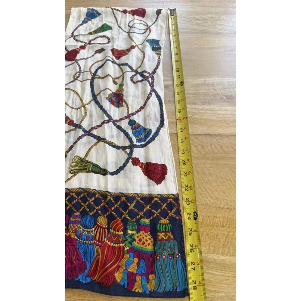 Echo Womens Silk Rectangle Tassel Rope Printed Scarf White Multi 57” X 11” EUC